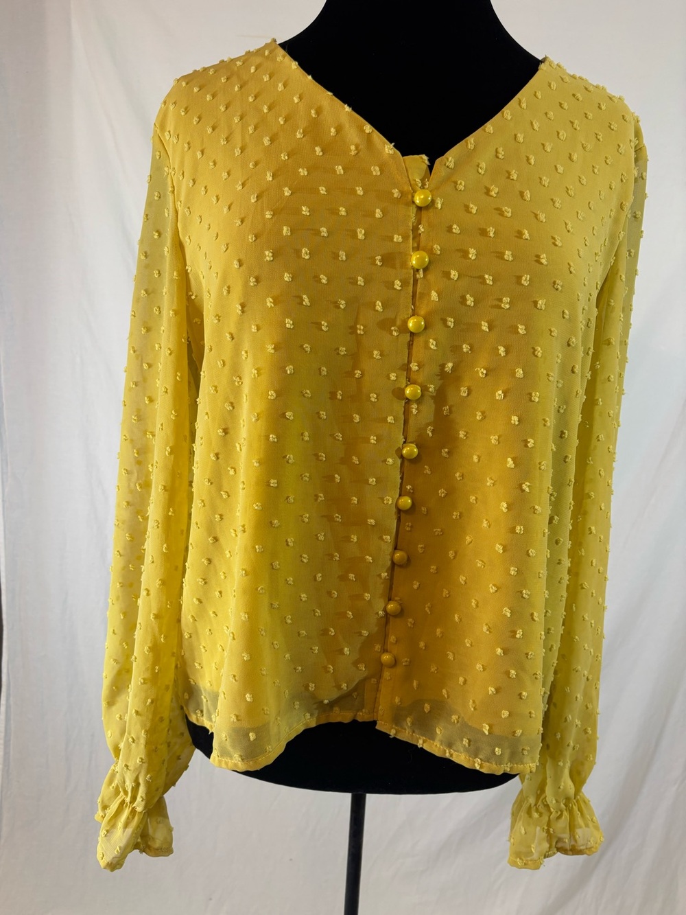 Mustard Yellow Swiss Dot Chiffon Blouse Ruffle Cuff Cottagecore Boho Romantic Lg